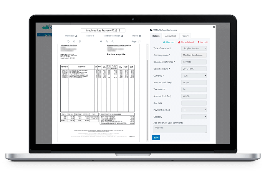 Artificial Intelligence-powered document data extraction for receipts, invoices, and bills