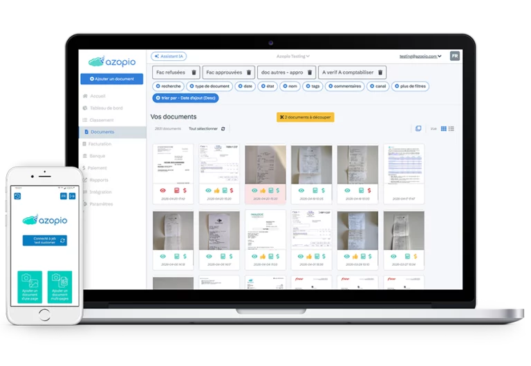 Interface de la plateforme Azopio pour la gestion documentaire et la pré-comptabilité sur ordinateur et mobile