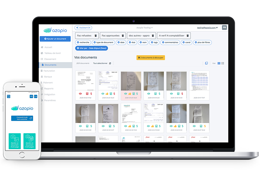 Azopio interface for document management and pre-accounting on computer and mobile