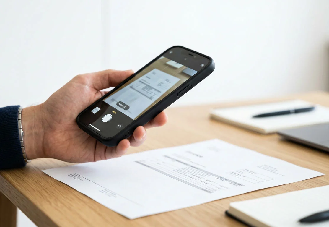 A person using a smartphone to scan a paper receipt, demonstrating Azopio's automated OCR bill data extraction