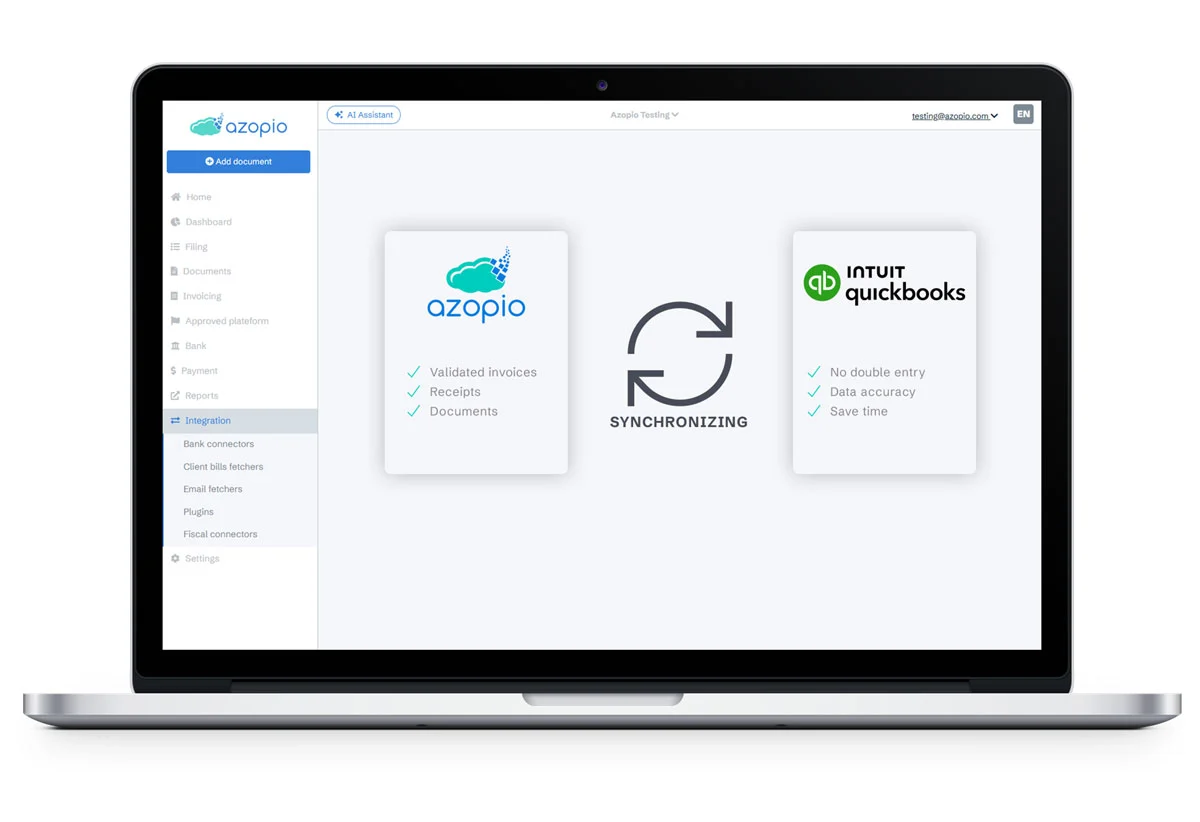A diagram illustrating Azopio seamlessly syncing validated invoice data into major US accounting platforms like Quickbooks