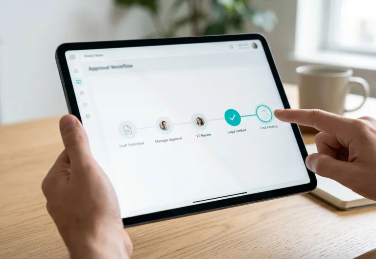 A user tapping a tablet screen to approve an invoice in an automated approval workflow, illustrating Azopio's invoice routing and validation process.