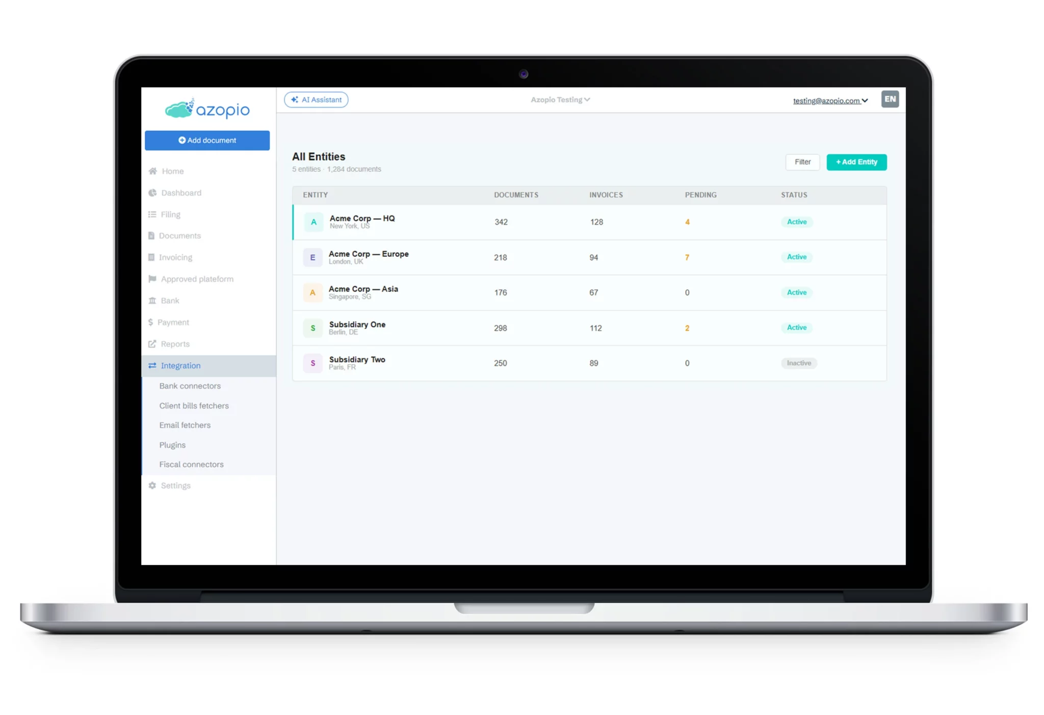 A centralized dashboard displaying multiple business entities with their invoice and document counts, illustrating Azopio's multi-entity financial document management interface.