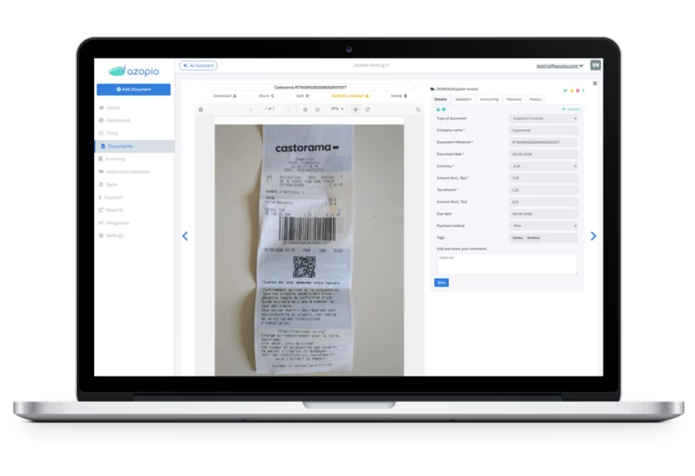 AI invoice data extraction interface with automatic field recognition in Azopio