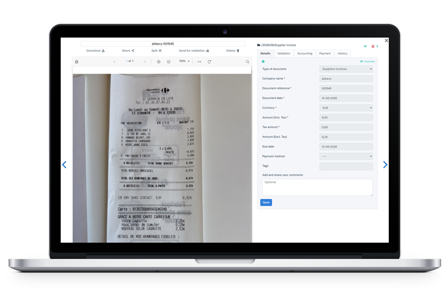 Azopio AI data extraction – invoice scanned and key fields automatically extracted