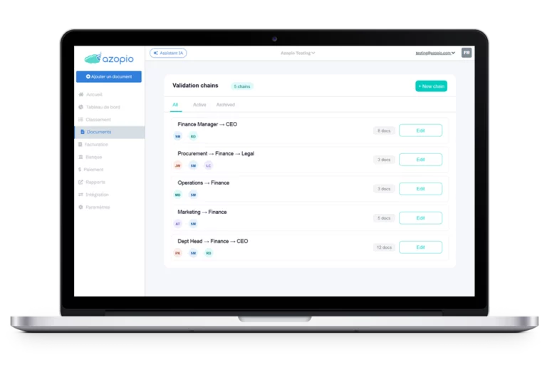 Azopio invoice approval workflow — validation chains interface